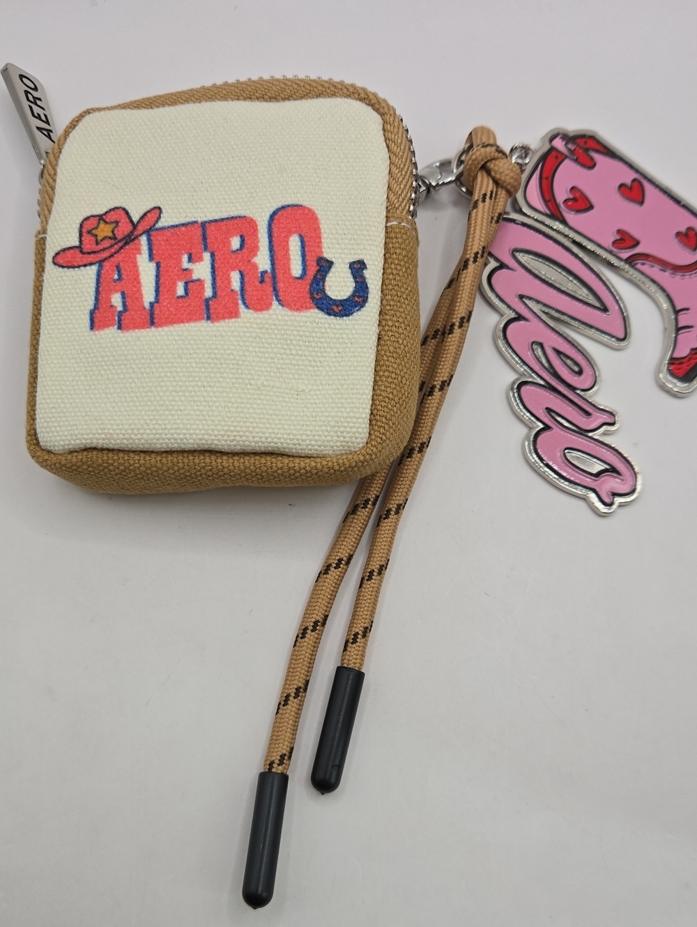 NWOT Aeropostale Beige Canvas Coin Pouch with Pink Charm
